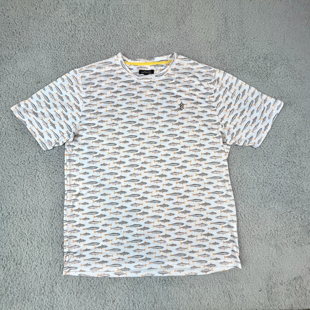 Addicted Shirt Mens Medium White Fish Print Short Sleeve Casual Tee Outdoors